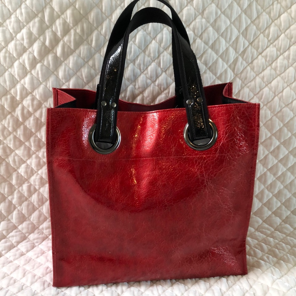 Red patent tote bag